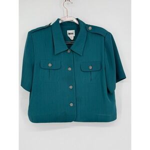 Leslie Fay Vintage Teal Green Short Sleeve Military Style Blouse Sz 16P